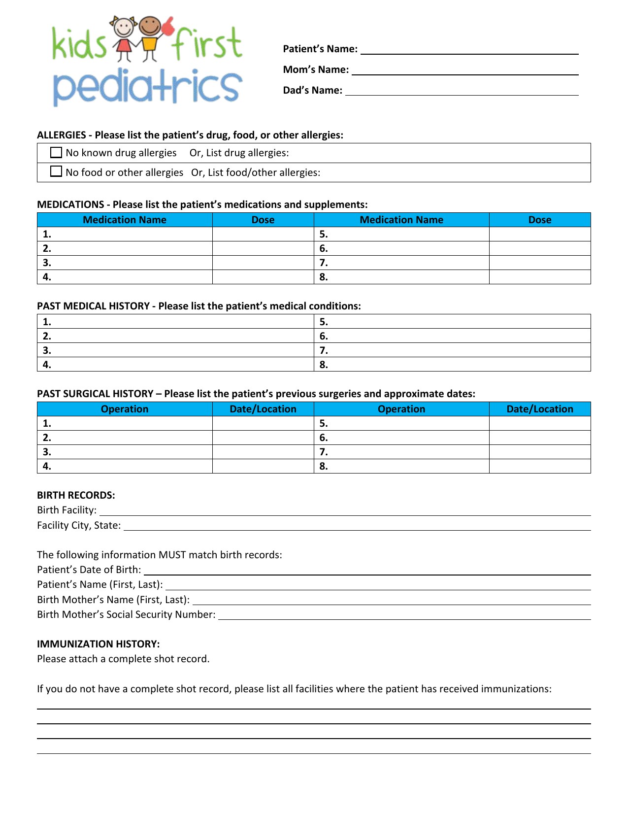 Medical History form preview